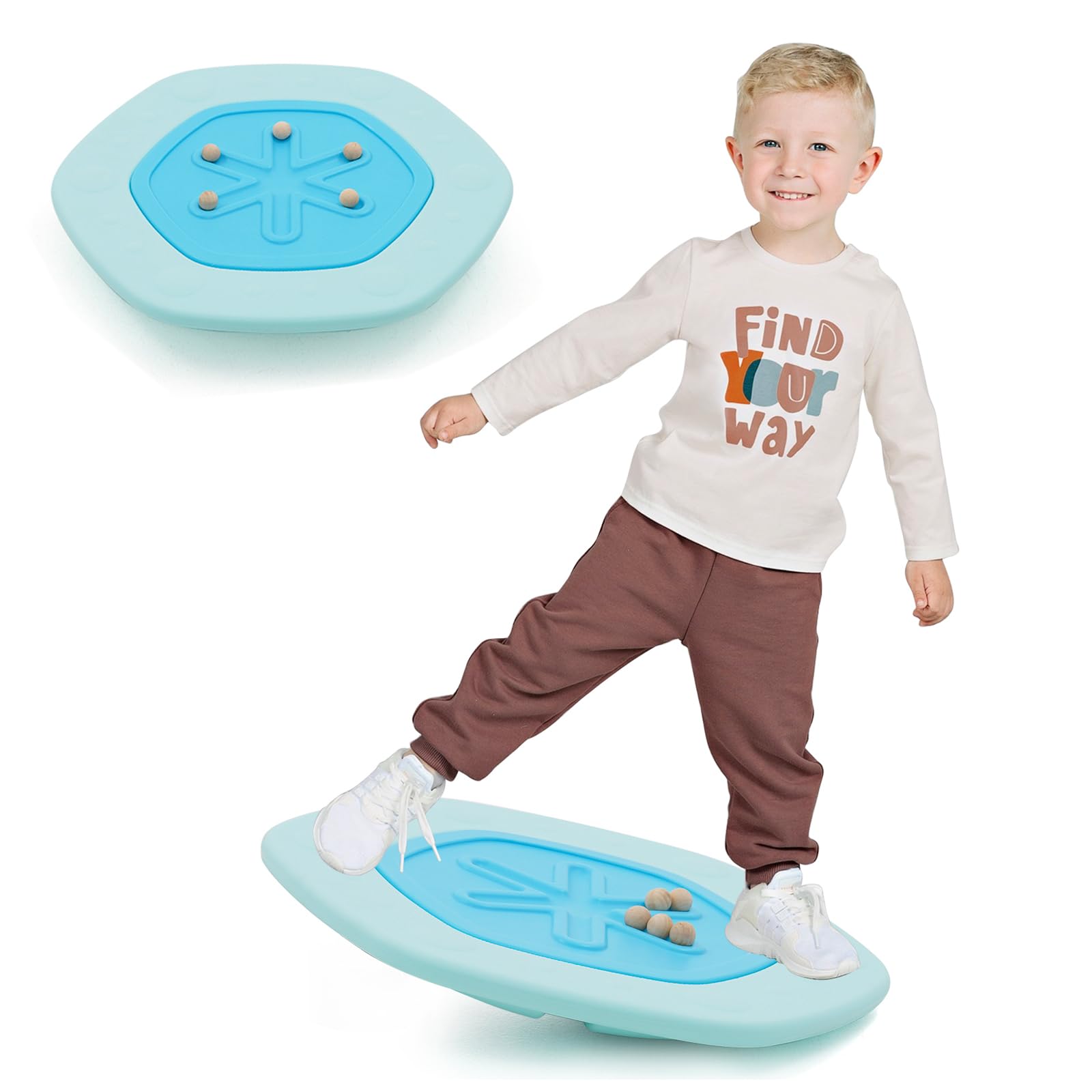 HOMCENT Planche d'Équilibre pour Enfants, Planche d'équilibre hexagonale avec 5 boules en bois, entraîneur d'équilibre für Jungen und Mädchen, charge 50 kg