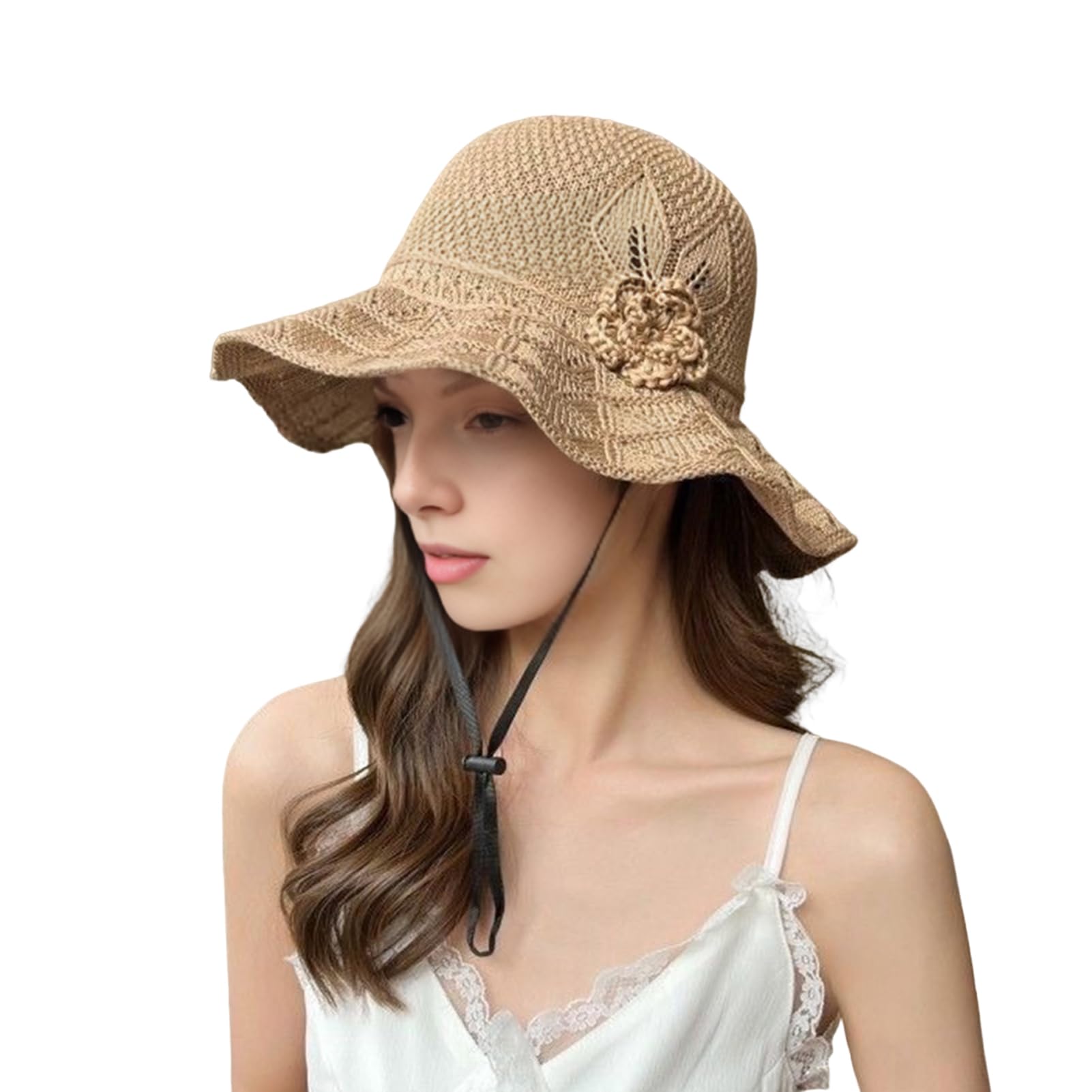 matumou Fisherman Hat with Flower Detail, Wide Brim Glitter Bucket Hat, Knit Design Adjustable Drawstring Knit Hat, Lightweight Hat for