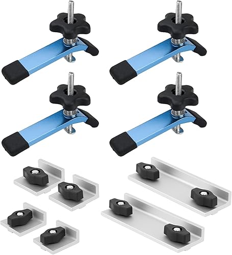 POWERTEC 71910 Kit de topes y abrazaderas en T para carpintería, incluye 2 topes largos, 2 topes cortos, 2 topes InLine y 4 abrazaderas de sujeción