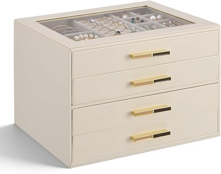 Jewellery Box Organizer Case for Women, 4 Layer Jewelry Storage Case with Glass Window, Ivory Leather with Velvet, Holder for Ring Necklace Bracelet Brooch Watch, Great Gift for Mother Girlfriend
