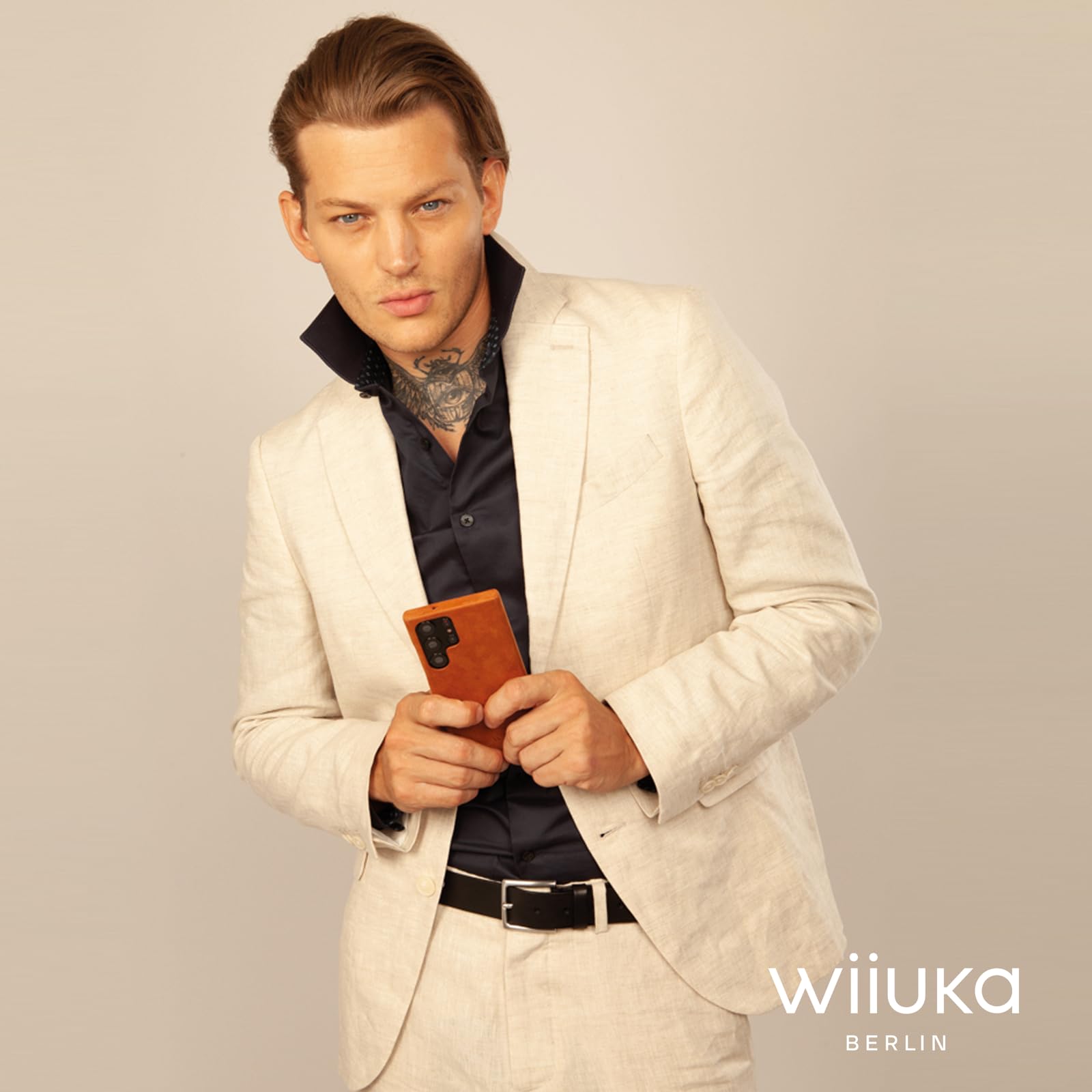 WIIUKA Hülle für Samsung Galaxy S26, Leder aus Deutschland, 360° Schutz, Lederhülle extra Dünn, Premium Handyhülle, Case, Qi, für Samsung S26, skiin More Cognac