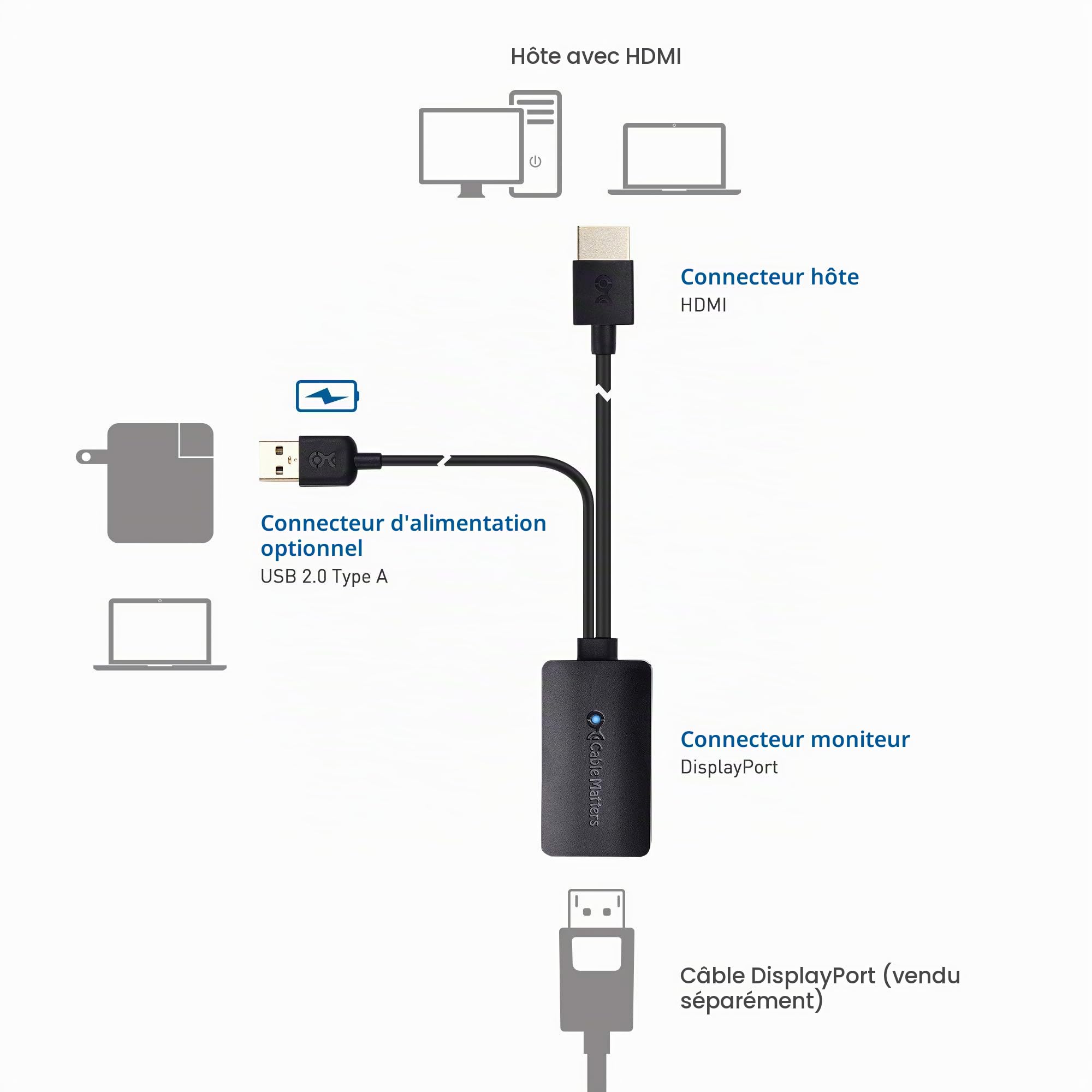 Cable Matters Adaptateur HDMI Display Port (Adaptateur HDMI vers DP) avec Prise en Charge de la résolution vidéo 4K