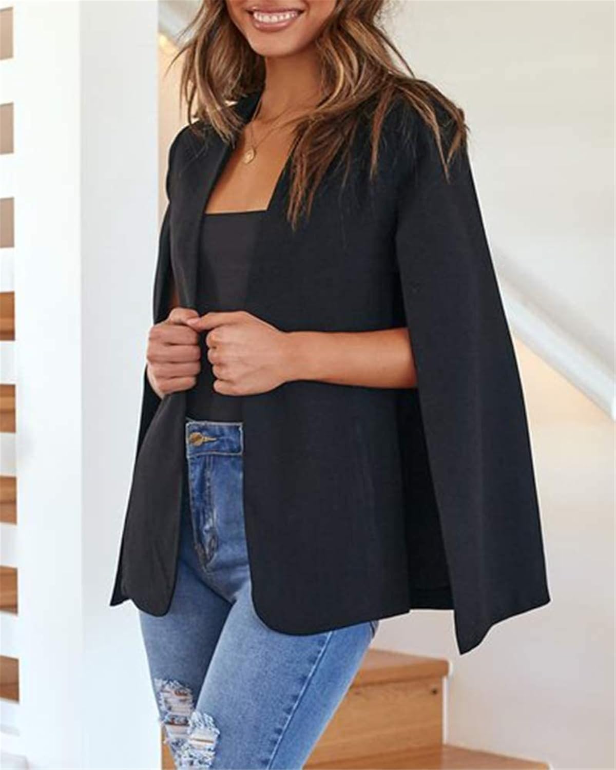 Women's Cape Blazer Split Long Sleeve Open Front Work Office Coat Jacket