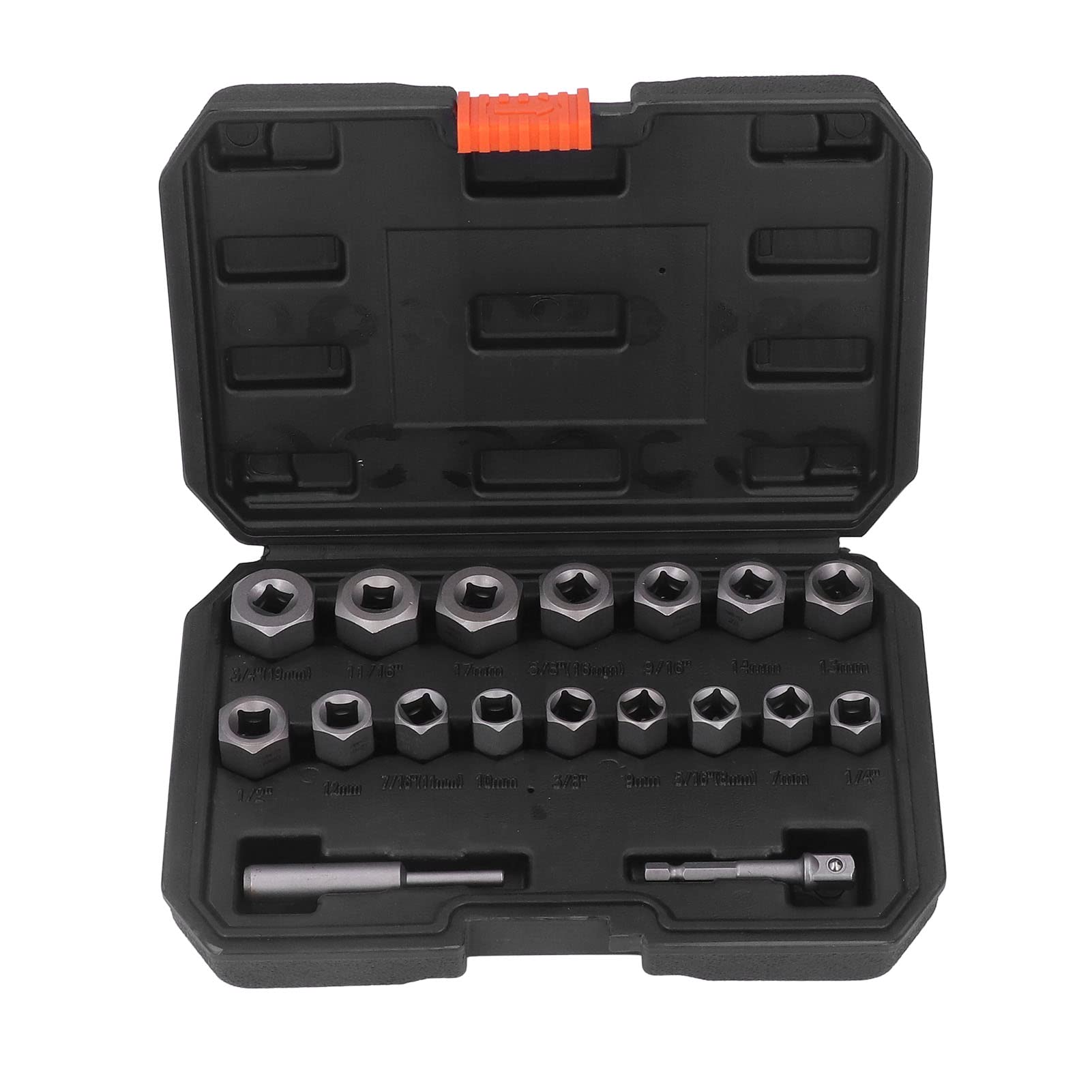 Set di estrattori per viti da 18 pezzi, kit di strumenti per la rimozione di bulloni e dadi danneggiati, include 16 estrattori di dimensioni diverse, perno e adattatore