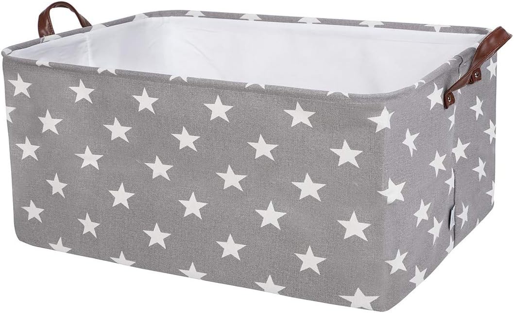 DOKEHOM 22-Inches X-Large Storage Basket with Lid, Drawstring Canvas Underbed Storage, Collapsible Laundry Hamper for Clothes (Grey Star, XL)
