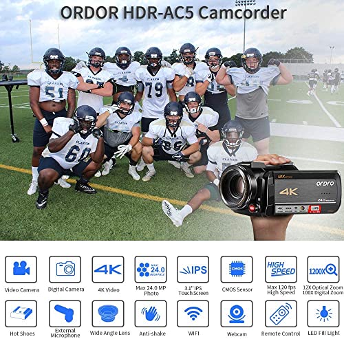 Ordro 4K Camcorder Video Camera, Ac5 Uhd Digital Camcorder With 12X Optical Zoom 1080P 60Fps Wifi Vlog Camera Camcorder With Microphone, Video Light, Wide Angle Lens And 64G Sd Card… #TOP1