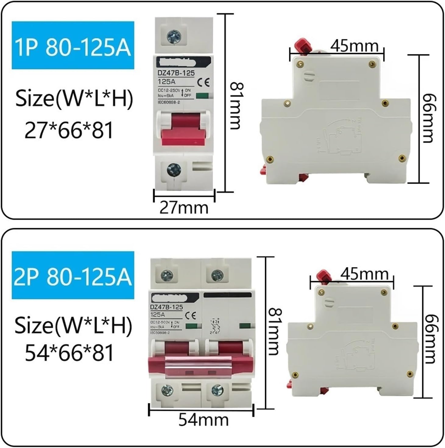 DZ47B-125 DC 12V 24V 48V Circuit Breaker Battery car Protector DC Positive and Negative Protection Switch Isolator(2P,125A)