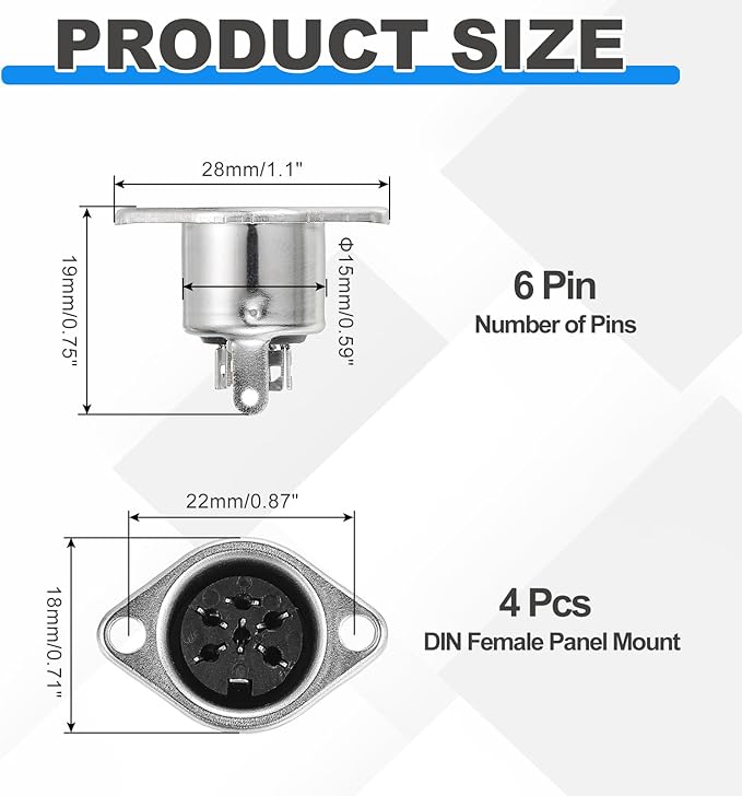 Conector DIN de 6 pines Hembra, Montaje en Panel, Pack de 4 - Color Plata miniatura 2