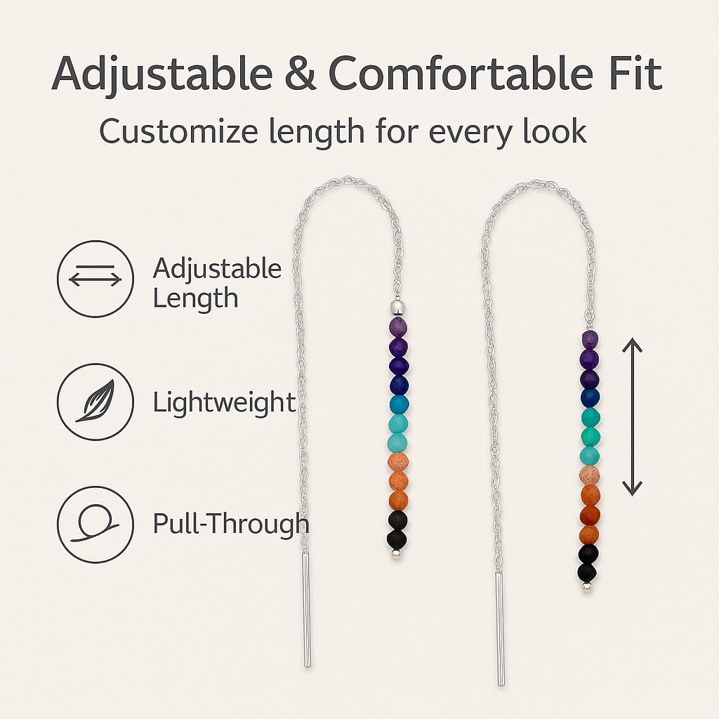 Sterling Silver Threader Earrings with Real Gemstone Beads - Elegant Pull-Through Design for Women, Dangling Western Earrings, Long and Short Adjustable Earring