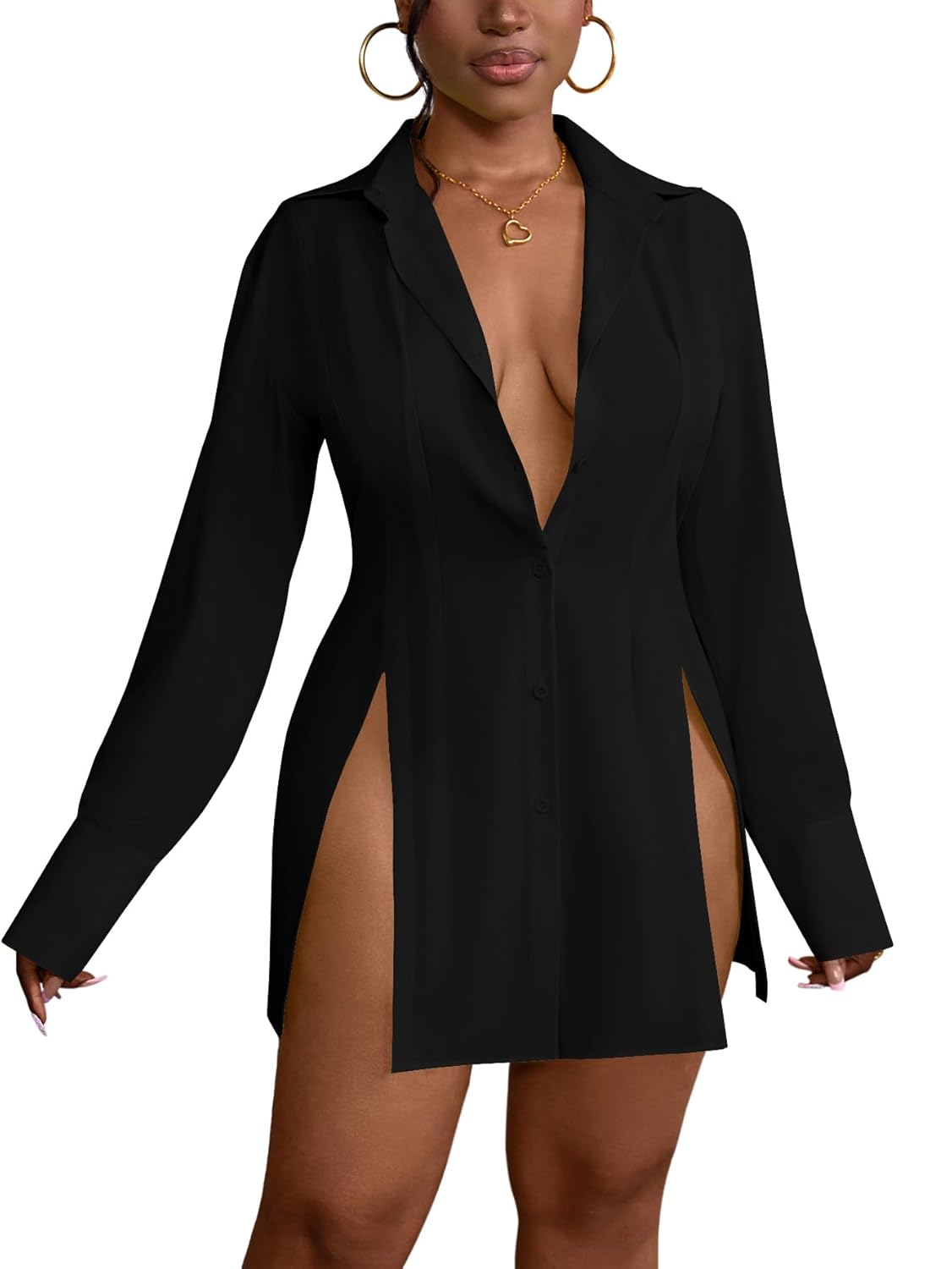 LYANER Womens Button Down Shirt Dress Collar V Neck Long Sleeve Slit Sexy Shirt Dresses