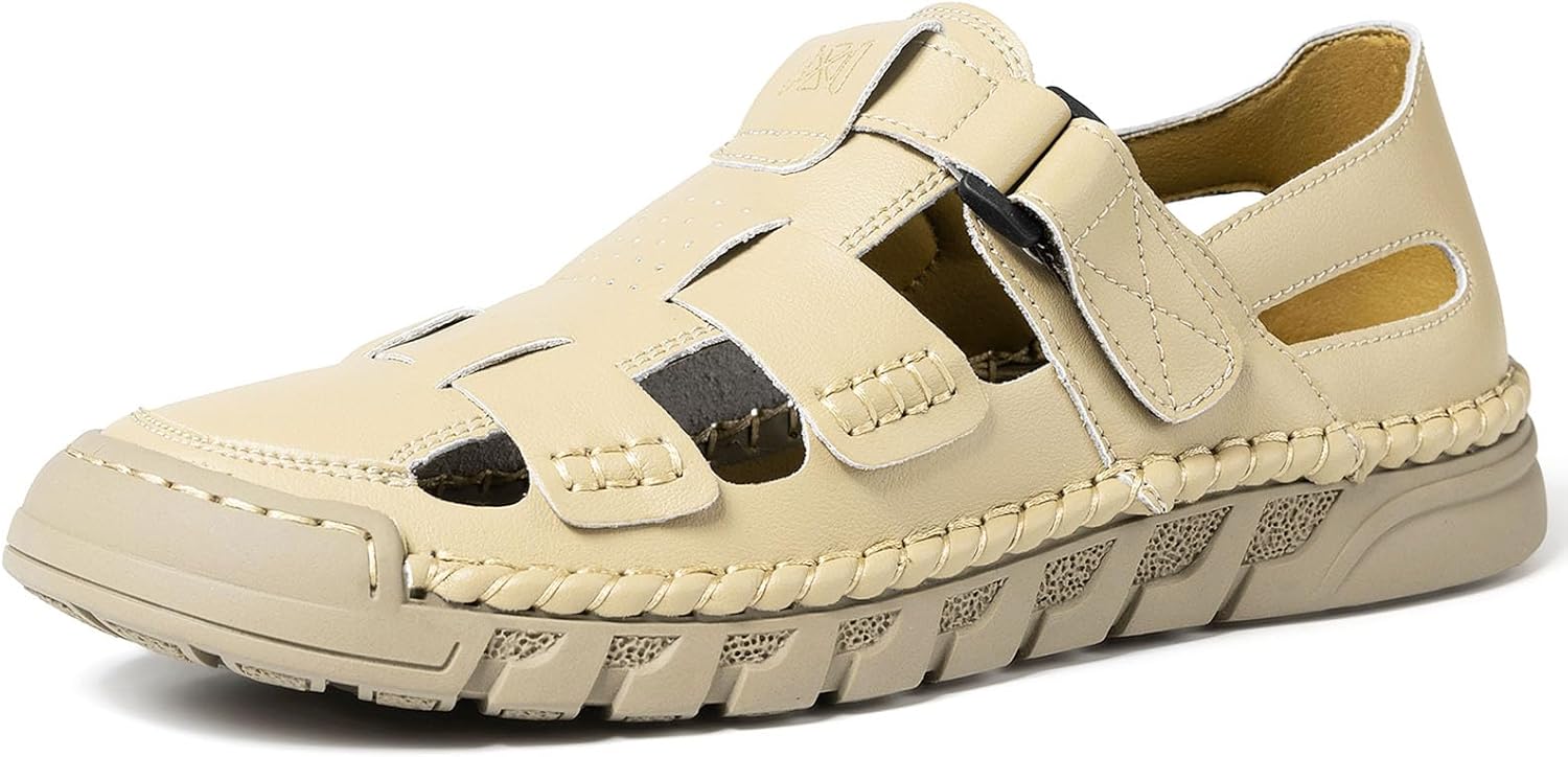 Men Leather Sandals Summer Outdoor Casual Closed Toe Flat Sandals for Sport Hiking Beach