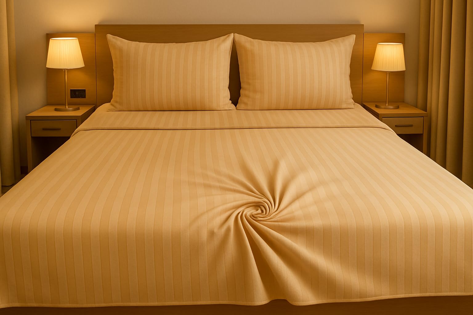 luxury beige striped bedsheet 310 tc cotton satin king size double bed 90x100 inches with 2 pillow covers (17x27 inches)
