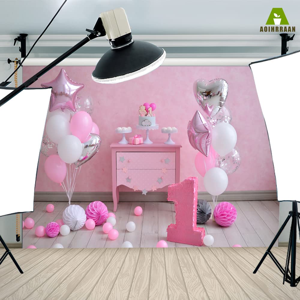 Aoihrraan 3,5x2,5m Kinder 1. Geburtstag Hintergrund Kuchen Tisch Luftballons Papier Blume Rosa Wand Geburtstag Zimmer Dekor Fotografie Hintergrund für Mädchen Prinzessin Party Baby Dusche Foto Prop