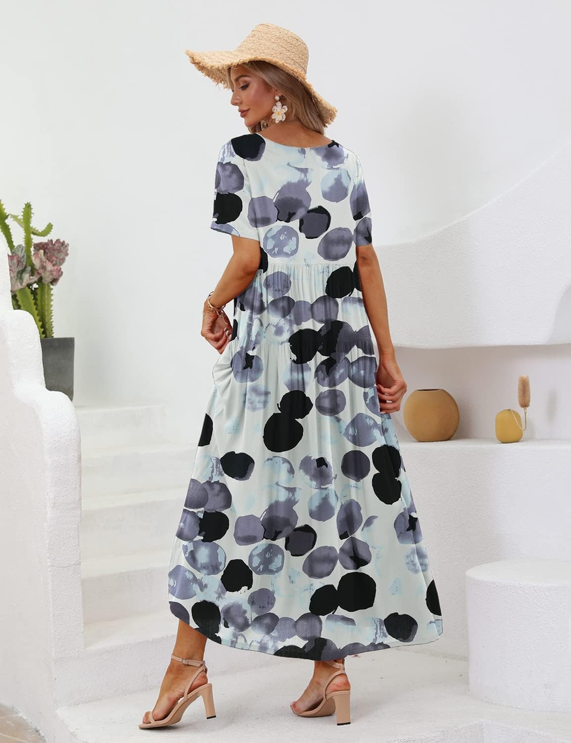 YESNO Women Casual Loose Bohemian Floral Dress with Pockets Short Sleeve Long Maxi Summer Beach Swing Dress EJF