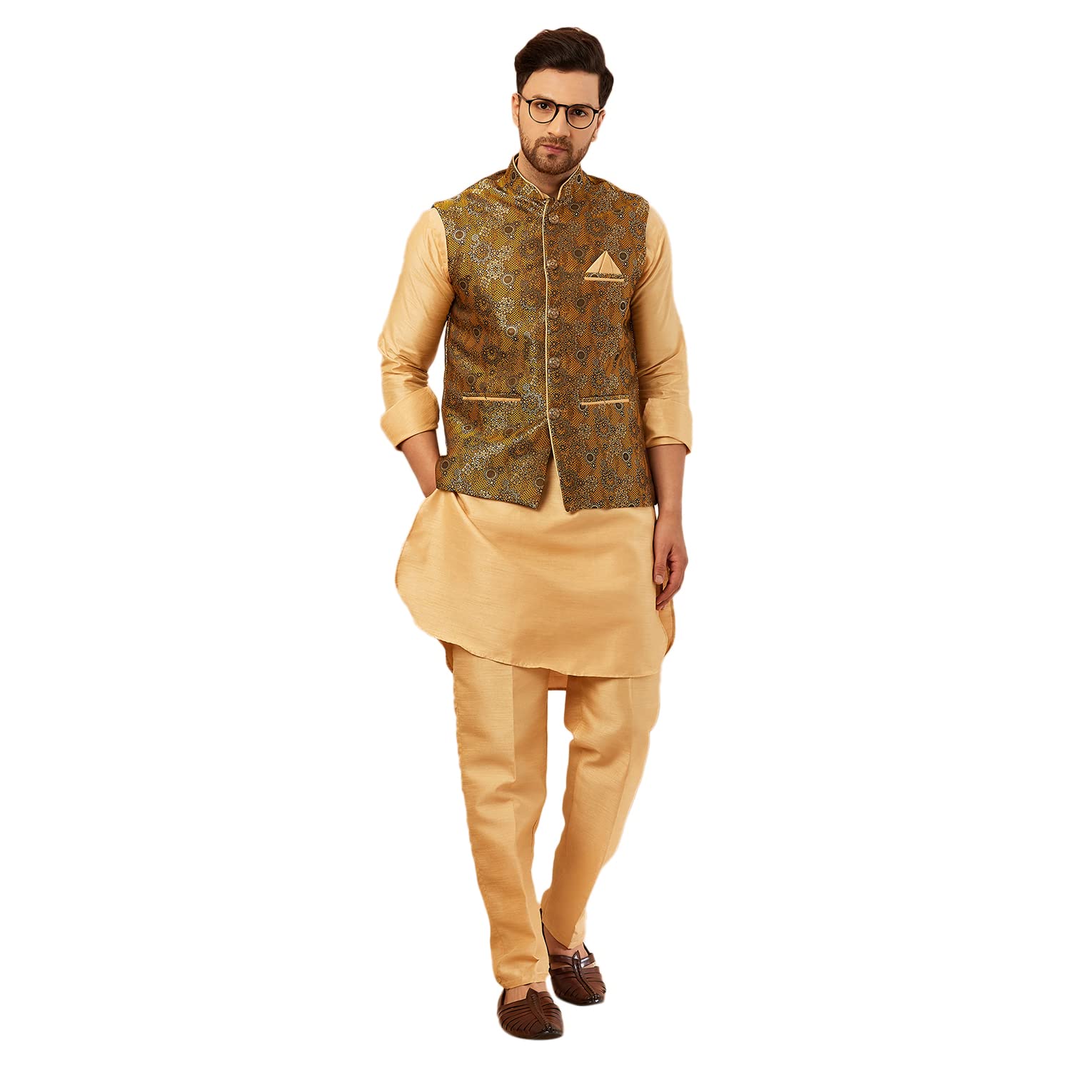 BLYXSilk Kurta Pant With Jacquard Modi Jacket Set for Men