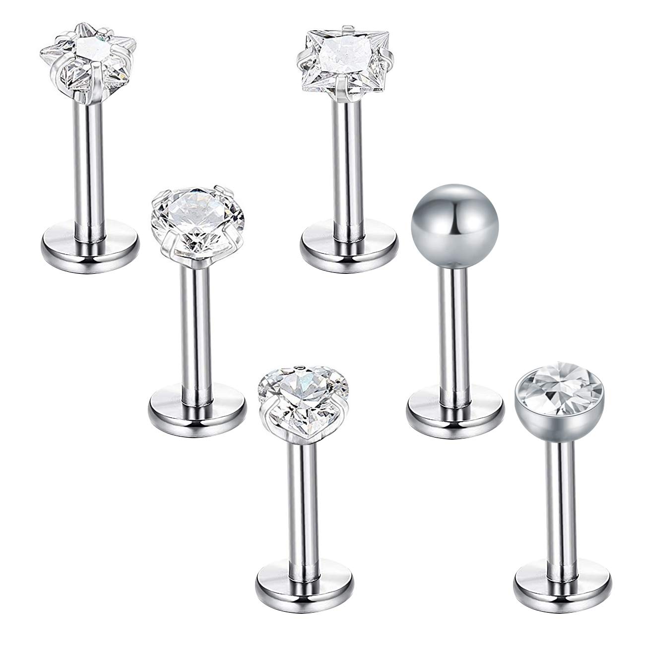 Briana Williams6pcs Tragus Earrings Silver Stainless Steel Lip Bars Labret Stud Set 6mm 16G Flat Back Piercing Jewellery