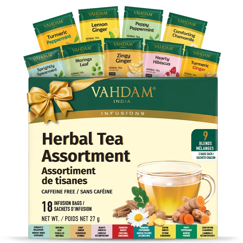 VAHDAM, Assorted Herbal Tea Sampler (18 Tea Bags, 9 Flavors) Caffeine-Free, Non-GMO | Double Infusion, Individually Enveloped Tea Bags | Herbal Tea Assortment | Mother’s Day Tea Gift for Mom