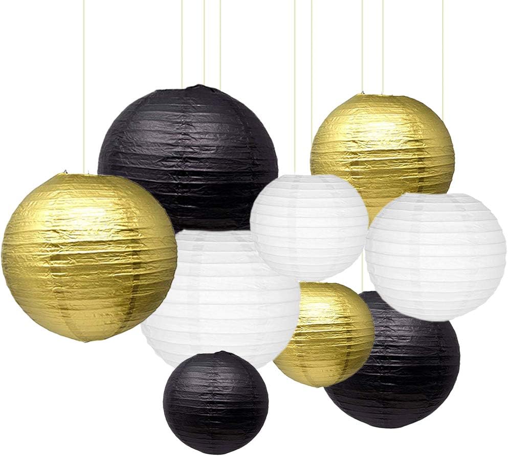 Sonnis 9Pcs Paper Lanterns 12" 10" 8" Round Lanterns for Birthday Wedding Baby Showers Party Decorations(Black, White, Gold)