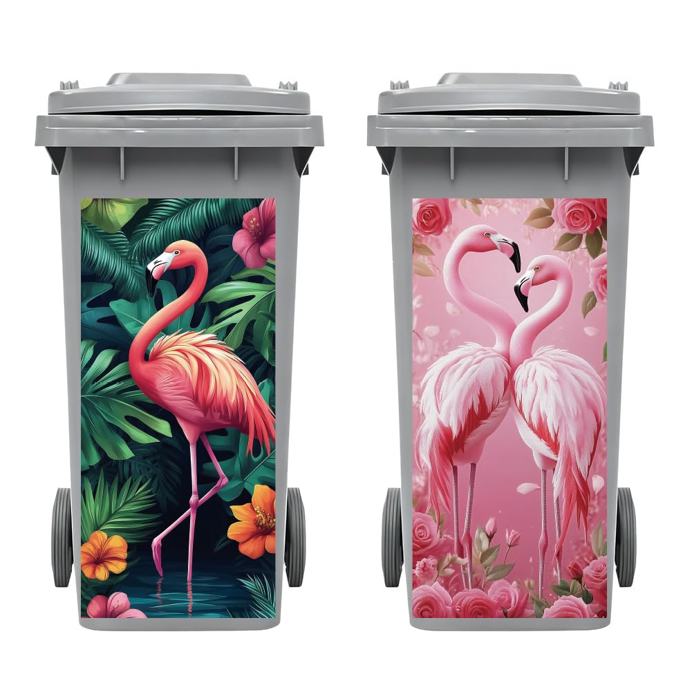 Peacoblue Wheelie Bin Stickers 2 Sheets Flamingos in The Rainforest Sticky Dustbin Stickers Decals, 15"x 32" Waterproof Large Wraps for Bins, Fridge, Wall Outdoor Indoor Patio Decor, Home Decoration