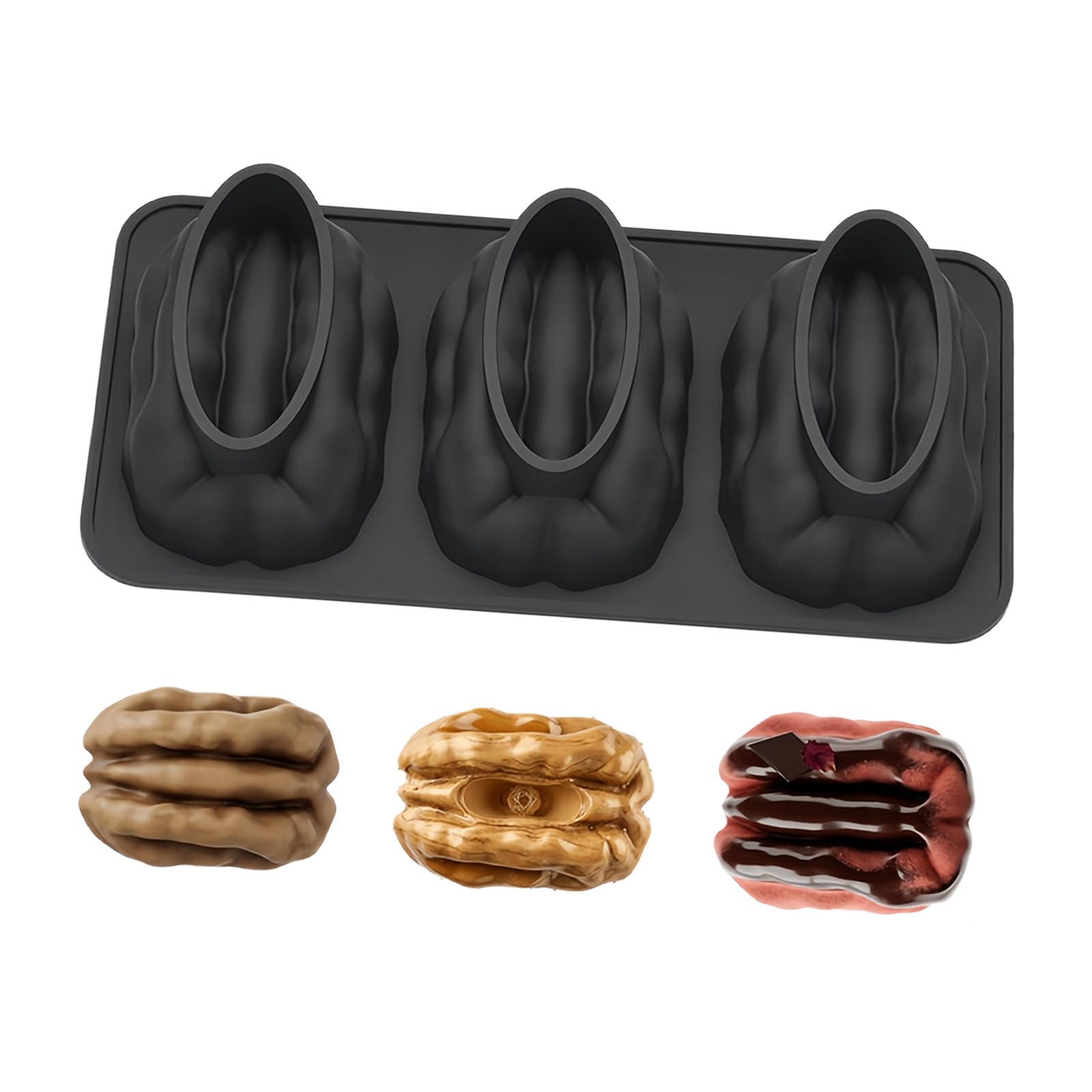 COOLHOOD Silicone Baking Tray Cake 3 Cavity Walnuts Shape Dessert Molds Suitable for Candy Dishwasher Safe Creative Cake Molds