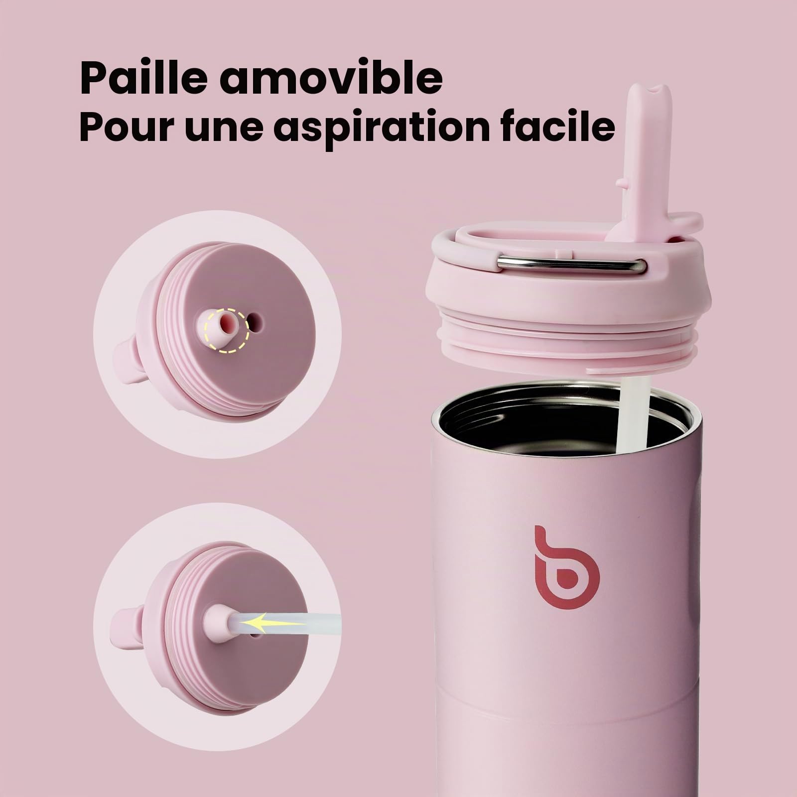 BOTTLE BOTTLE Gourde isotherme avec couvercle à paille et poignée, en acier inoxydable à double paroi sous vide, anti-fuite, sans BPA, pour sport, voyage, salle de sport - Rose clair, 710 ml