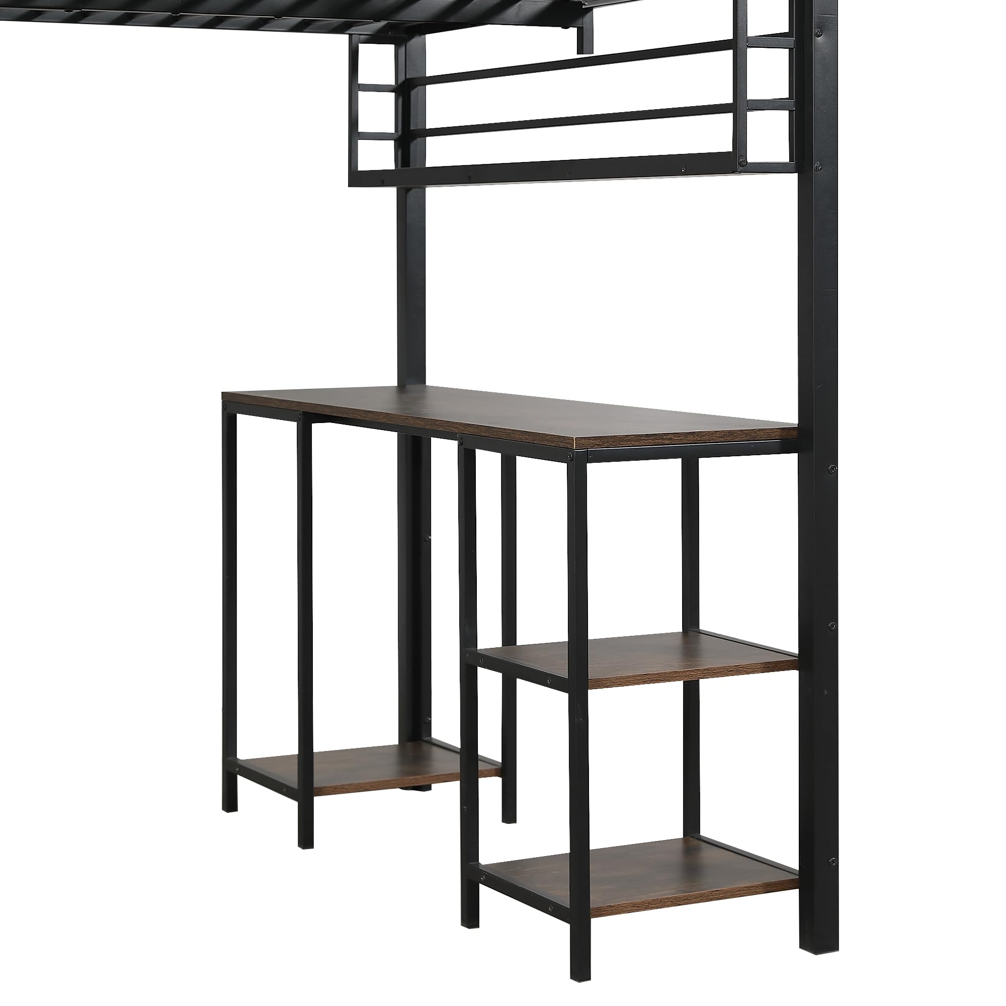 Idemon Cama alta de hierro, con escritorio y estante, somieres de listones estables, escalera de 4 niveles, hierro + aglomerado, negro y oscuro, 120 x 200 cm