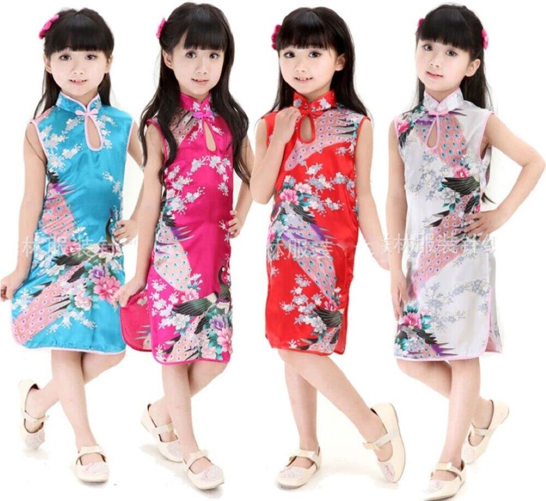 Famzon Girls White Asian Chinese Pakistani Dress 1-13 Years Peacok Silk Cheongam Dance Dress Party Dress (As8, Age, 5_Years, 7_Years, Regular, )