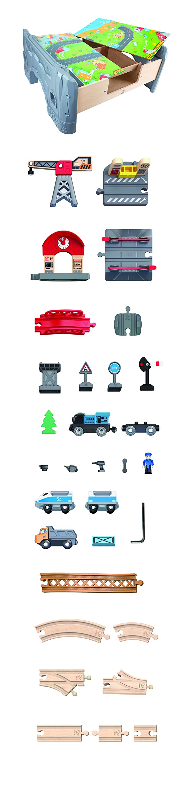 Hape Tavolo Ferroviario con treni e binari - Set da 70 Pezzi con locomotiva a batteria, binari in legno, passaggio a livello, gru magnetica e personaggi per bambini dai 3 anni