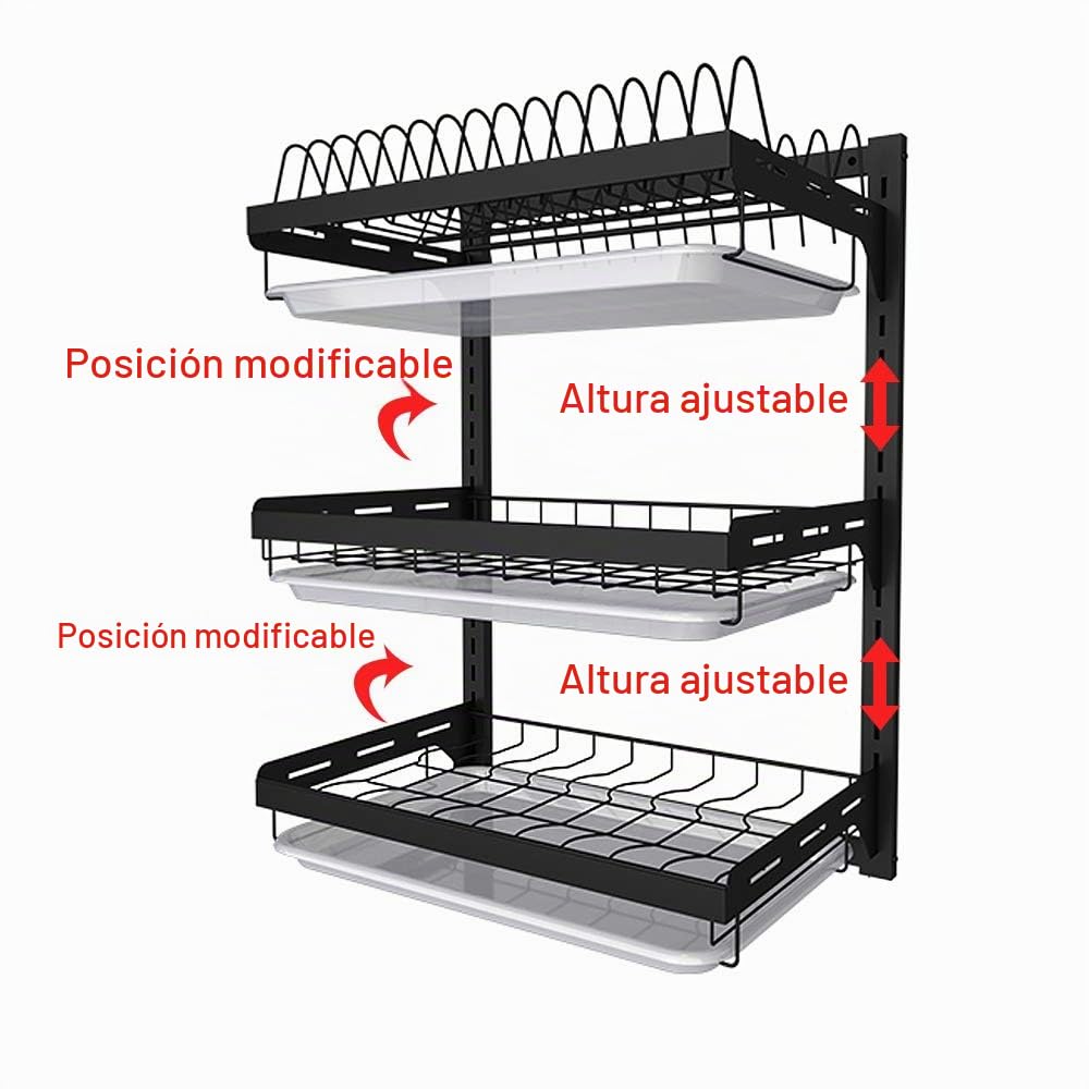 junyuan, Escurridor de Platos Colgante de Pared, Organizador de Platos de Cocina de 3 Niveles con Bandeja de Drenaje con 3 Ganchos, Acero Inoxidable, Altura Ajustable, Negro