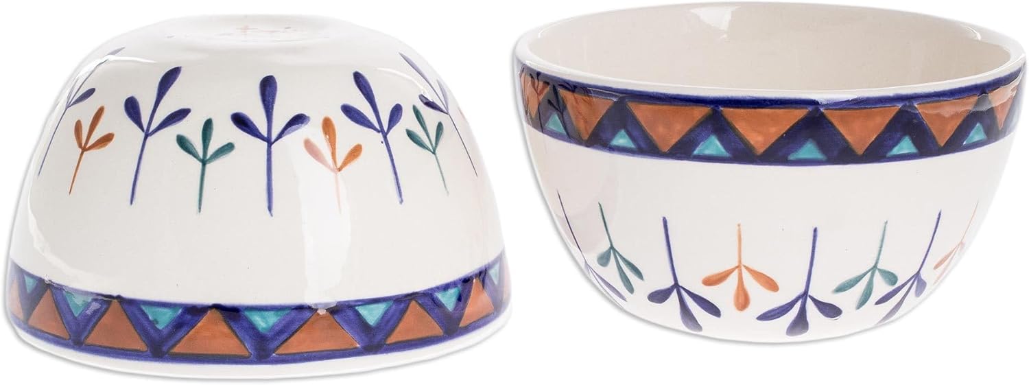 NOVICA Blue Ivory Orange Ceramic Geometric Serving Bowls Serveware From Guatemala 'Antigua Breeze'