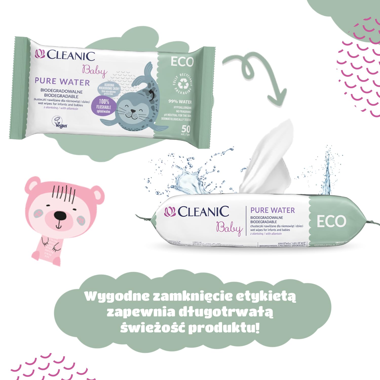 Cleanic Chusteczki nawilżane Baby Eco Pure Water dla dzieci i niemowląt - 99% skład na bazie wody - alantoina - bez perfum - jednorazowe - dla skóry wrażliwej - 50 x 16 sztuk