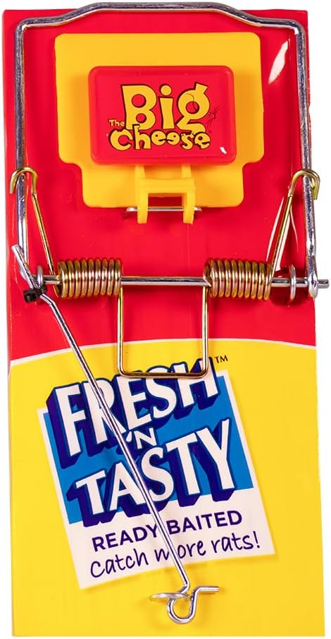 The Big Cheese Fresh Baited Rat Trap, Kills Rats with Spring Mechanism, Ready-To-Use, Plastic Coated Wood for Easy Cleaning, Indoor and Outdoor Use