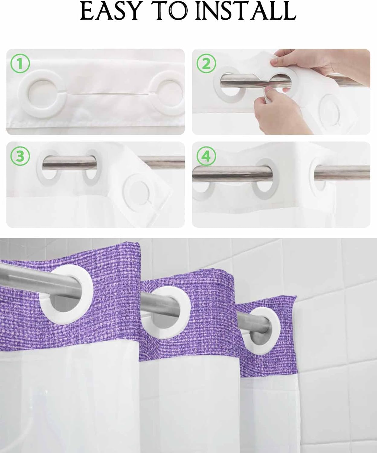 No Hook Shower Curtain and Snap in Liner Set, Vintage Purple Fabric Bathroom Stall Shower Curtains 36x72 Inch, See Through Mesh Top Window, Farmhouse Retro Beige Solid Color Hotel Style, Waterproof