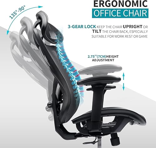 Miniatura 5 de Ergonomic Office Chair with Lumbar Support, High Back Mesh Computer Desk Chair, Adjustable Gaming Chair for Adults with Headrest, 135 Recline, 280lb