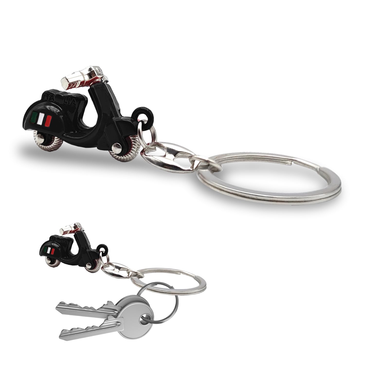 3D Italian Scooter Keyring - Realistic Design with Articulated Handlebar - Italian Flag on the Side - Durable Metal - Gift Idea for Men and Women - Accessories for Car, Motorcycle and Backpack, Black,