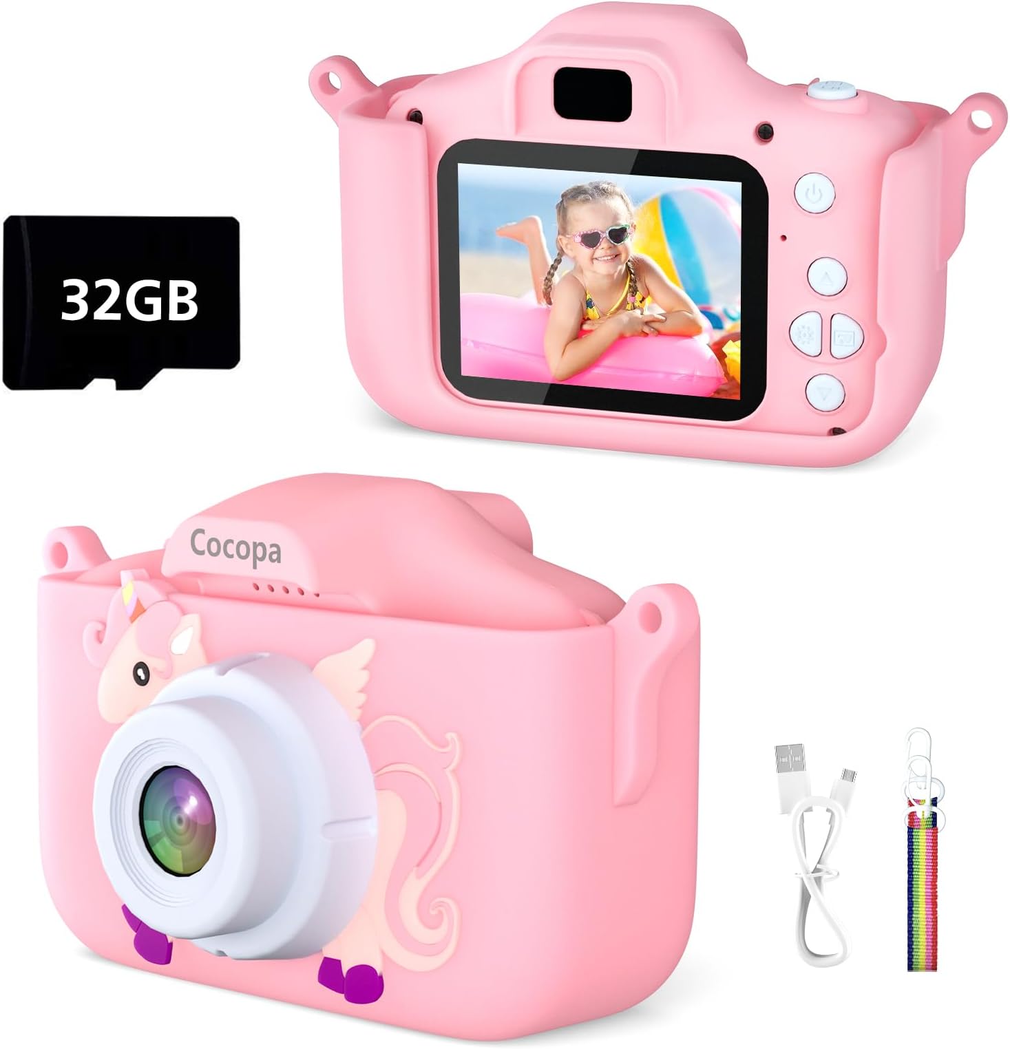 Kids Camera Digital Camera for 3-12 Year Old Girls,1080P HD Video Camera for Kids with 32GB SD Card/2 Inch IPS Screen, Birthday Christmas Toy Gifts for 3 4 5 6 7 Year Old Girls (Pink)
