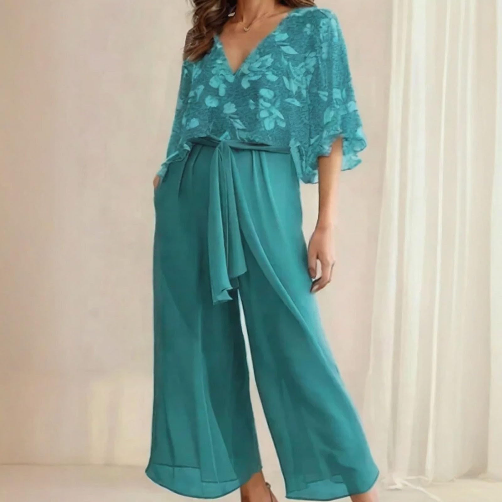 Ensemble 2 pièces pour la mère de la mariée, mariage, femme, festif, élégant, floral, pantalon en dentelle, costume de soirée avec demi-manches, mousseline de soie, dentelle, manches longues, pantalon