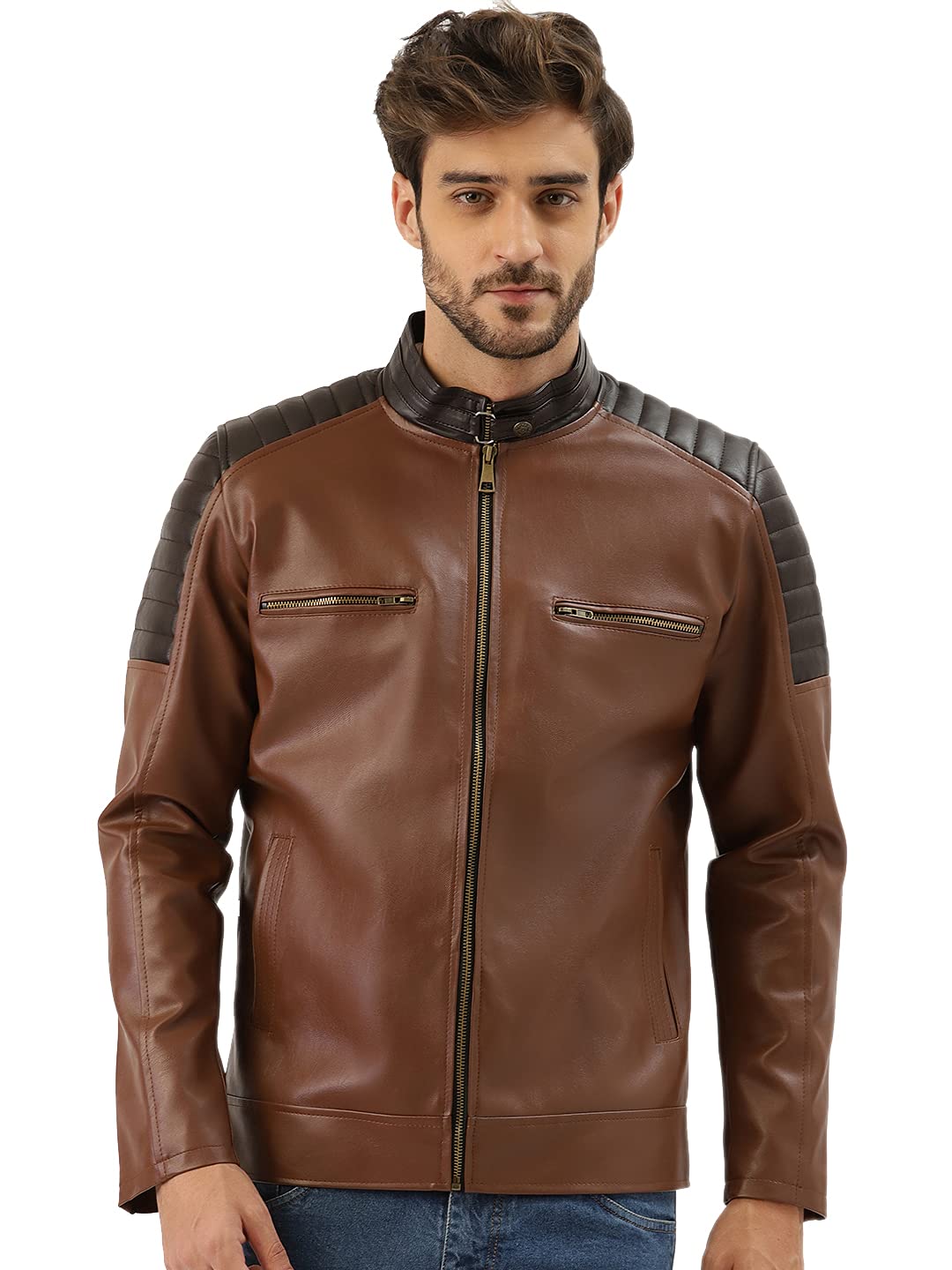 BrownFaux Leather Biker Jacket(lrbpbr)