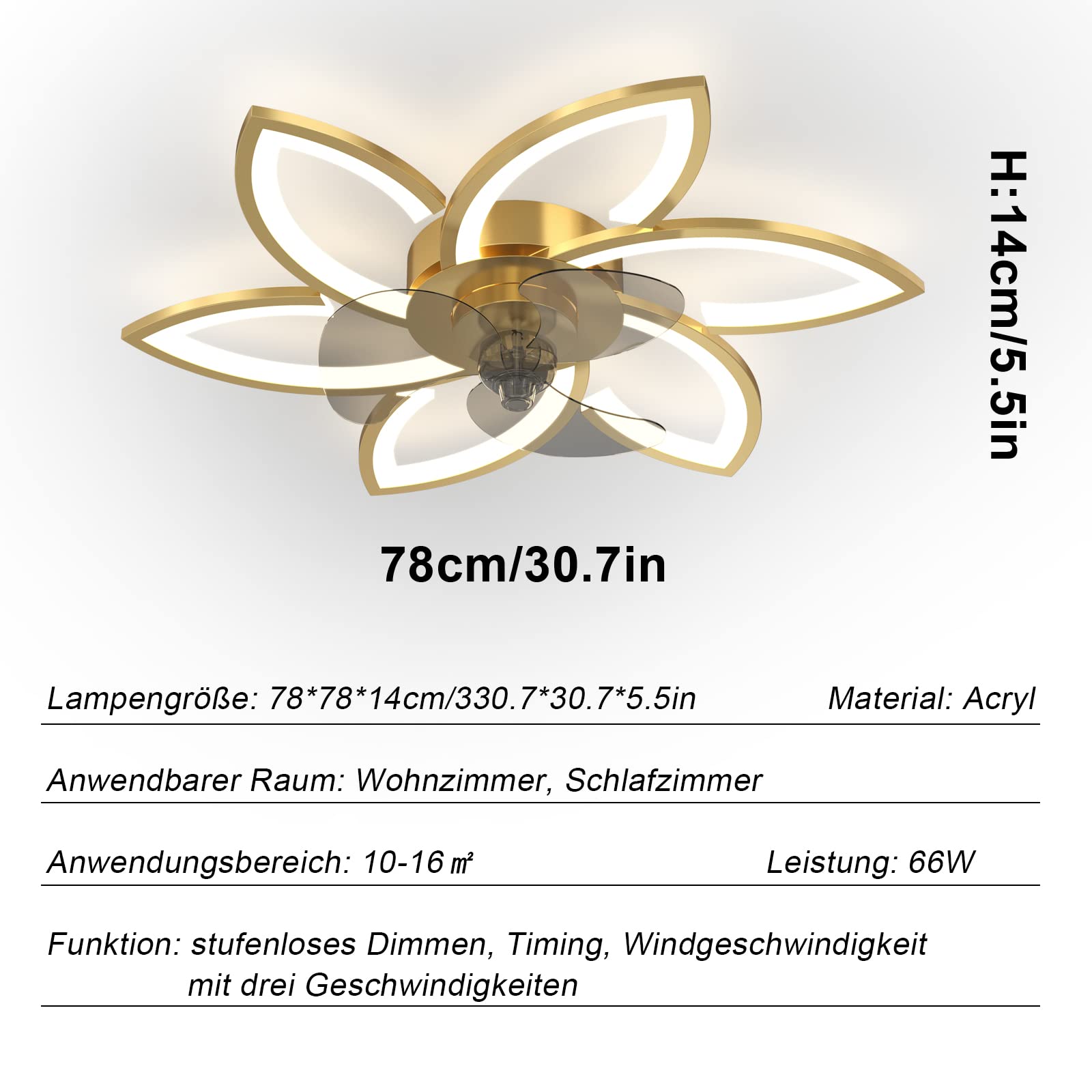 Ventilateur de Plafond avec Lumière LED Moderne, Télécommande/APP, Dimmable, Minuterie, Doré