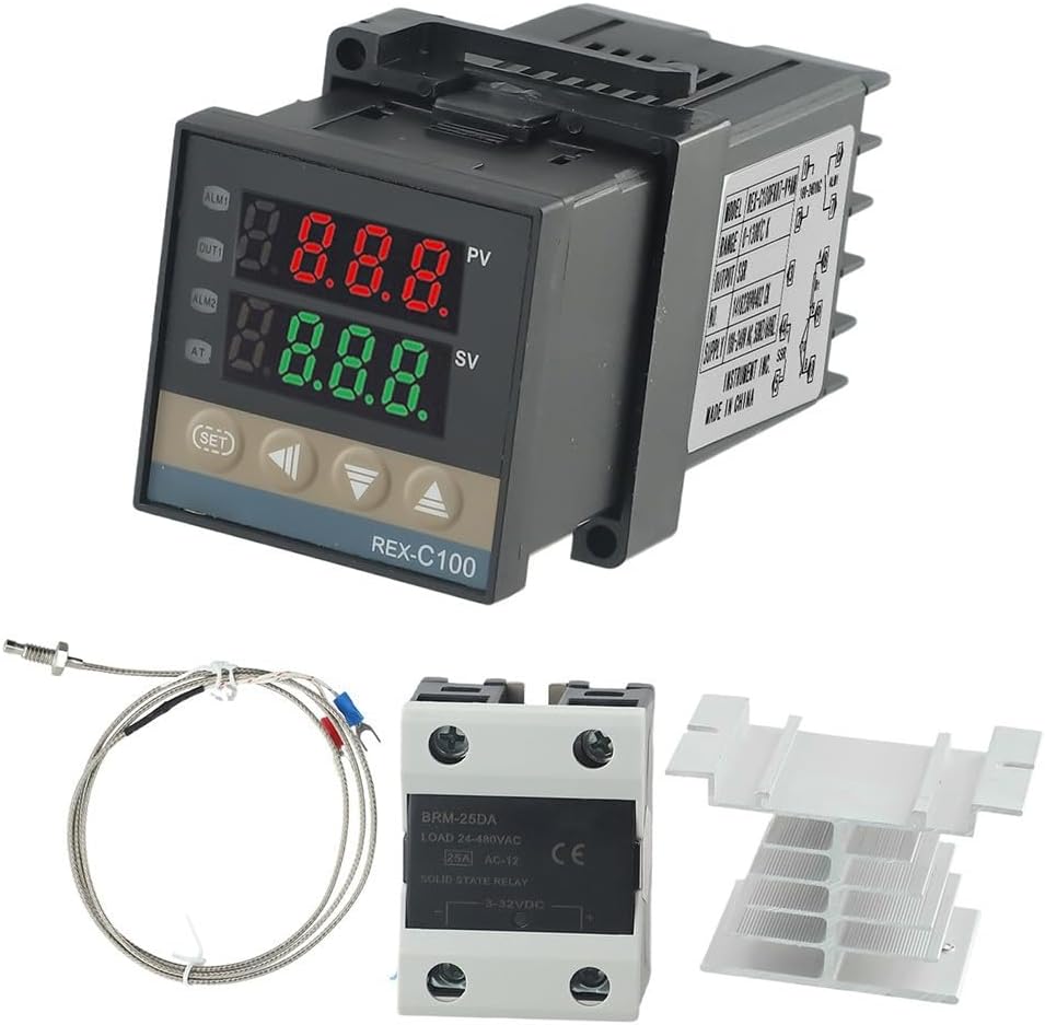 REX-C100 Controller for 25A, Digital PID Control Device with K-Type Thermocouple, 0-1300°C Heating System Controller Compatible with Solid