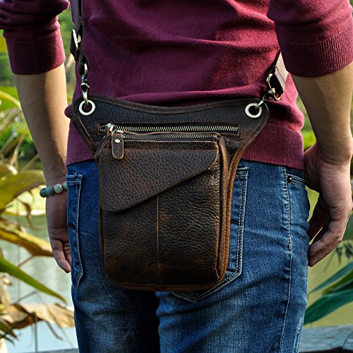 Le'aokuu Mens Genuine Leather Messenger Hiking Waist Hip Bum Pack Drop Leg Bag 211-3 #TOP3