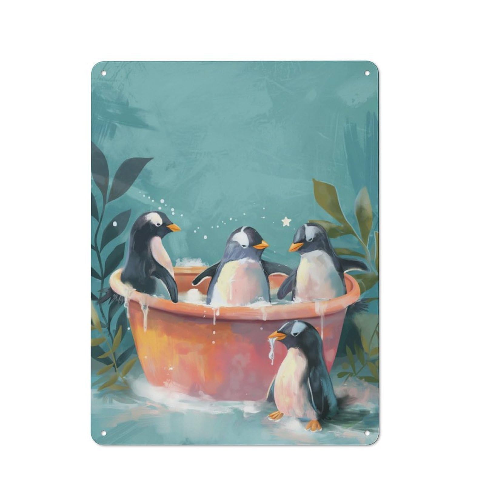 Rustic Vintage Metal Sign 40x30cm Featuring Penguins Washing Bathtub, Home Bar Decor for Cafe, Pub, Workshop Or Home Bar