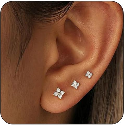 3 Pairs 14K Gold Plated Stud Earring Sets for Women Dainty 925 Sterling Silver Earr...