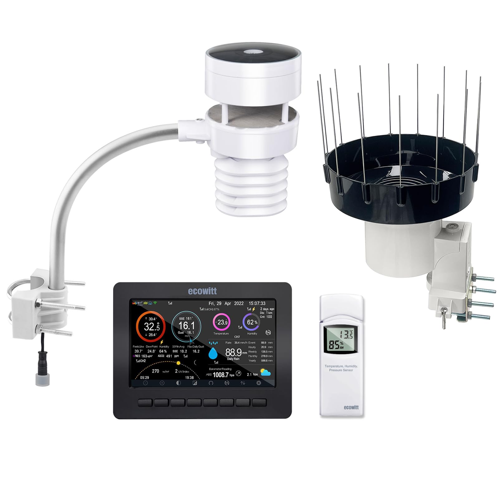 ECOWITT HP2553H estación meteorológica Wifi 7 en 1 con pantalla TFT en color de 7 pulgadas, sensor exterior WS80 con sensor anemométrico ultrasónico + pluviómetro + sensor de temperatura y humedad