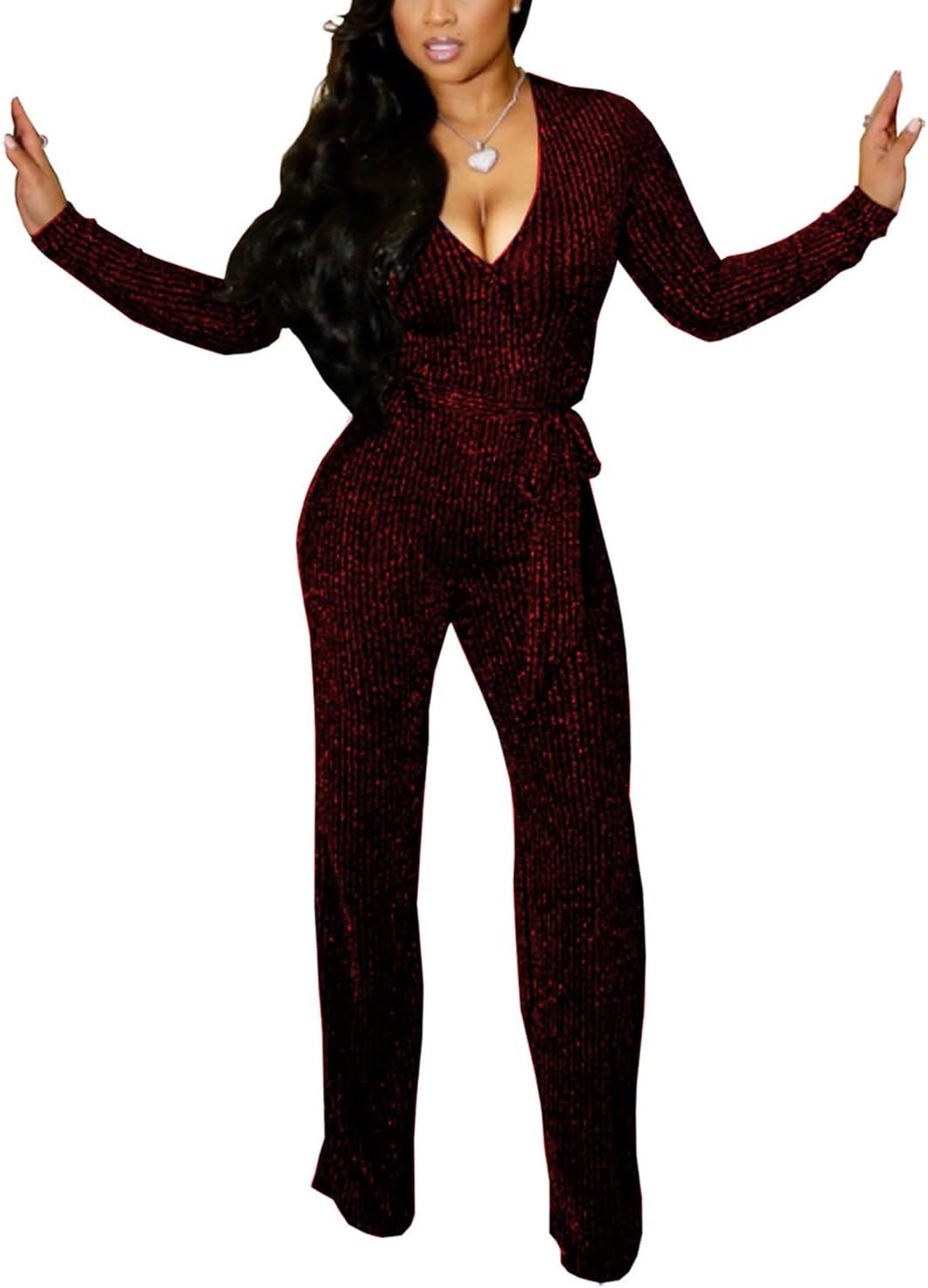 LightlyKiss Women Casual Sexy V Neck Sparkly Jumpsuits Long Sleeve Onesie Loose Pants Party Clubwear with Belt - Image 4