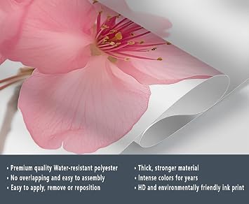 Pink Peach Blossom 3D Wall Mural, Simple Flowers Modern 3D Wallpaper, Floral Plants Panoramic Accent Wallpaper for Living Room Bedroom Hallway Entryway (Non-self-Adhesive)