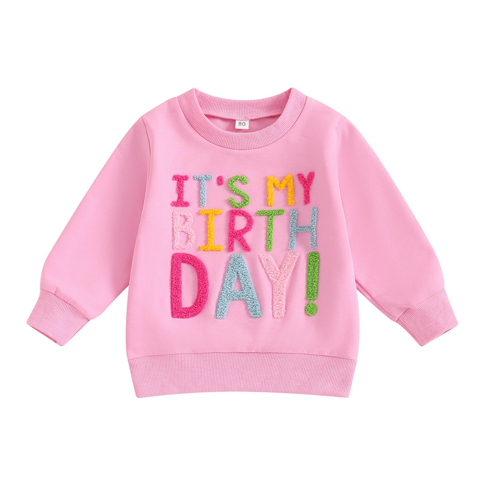 BULINGNA Toddler Baby Girl Birthday Outfit Letters Embroidery Long Sleeve Crew Neck Sweatshirt Infant Spring Pullover (Pink, 4-5 Years)