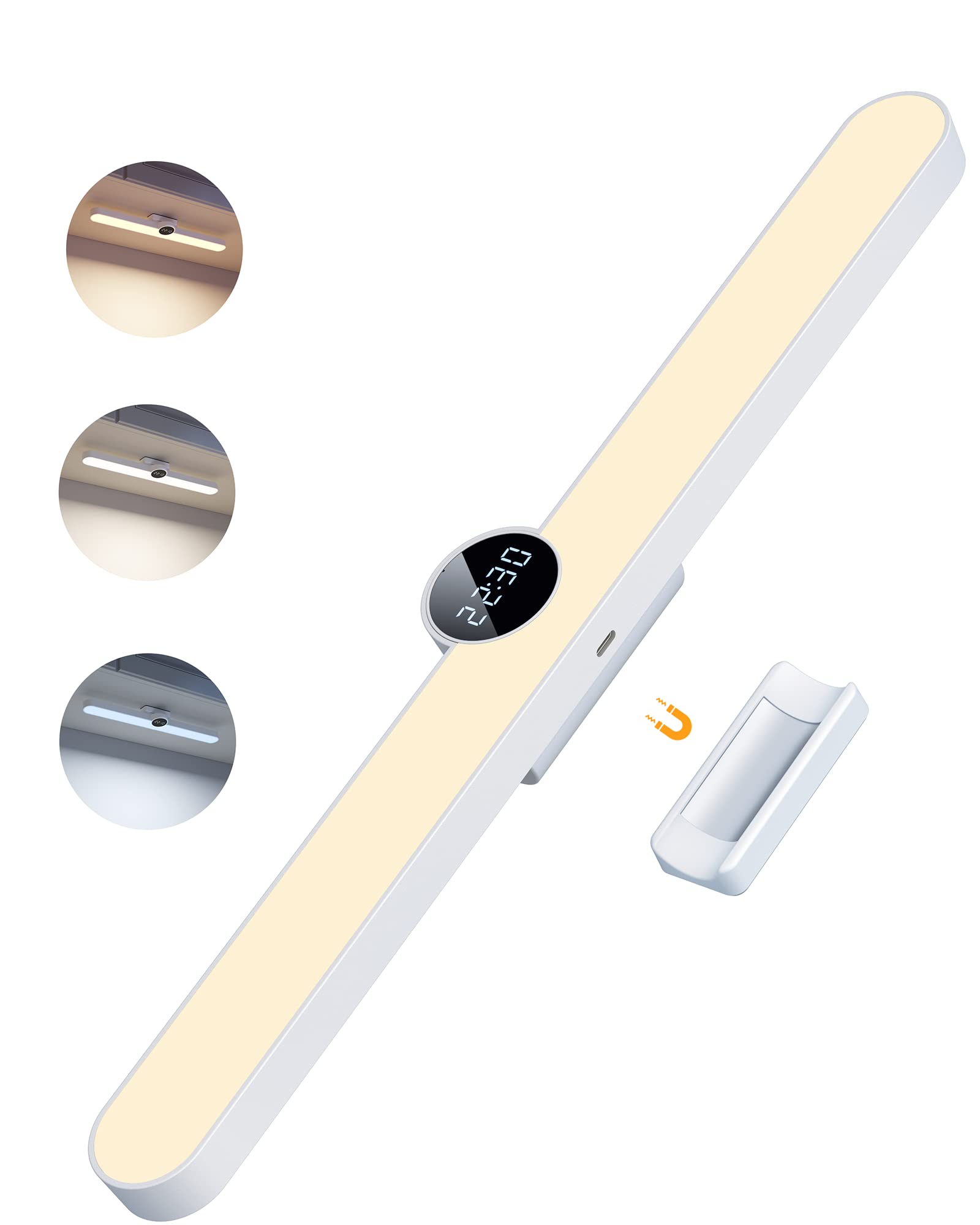 RGBING Large Under Cabinet Light with Digital Clock , 15.7 Inches 5W Wireless LED Closet Light , Rechargeable Dimmable 3 Colors Wall Mounted Reading Light for Kitchen Vanity Bed-Side Wardrobe