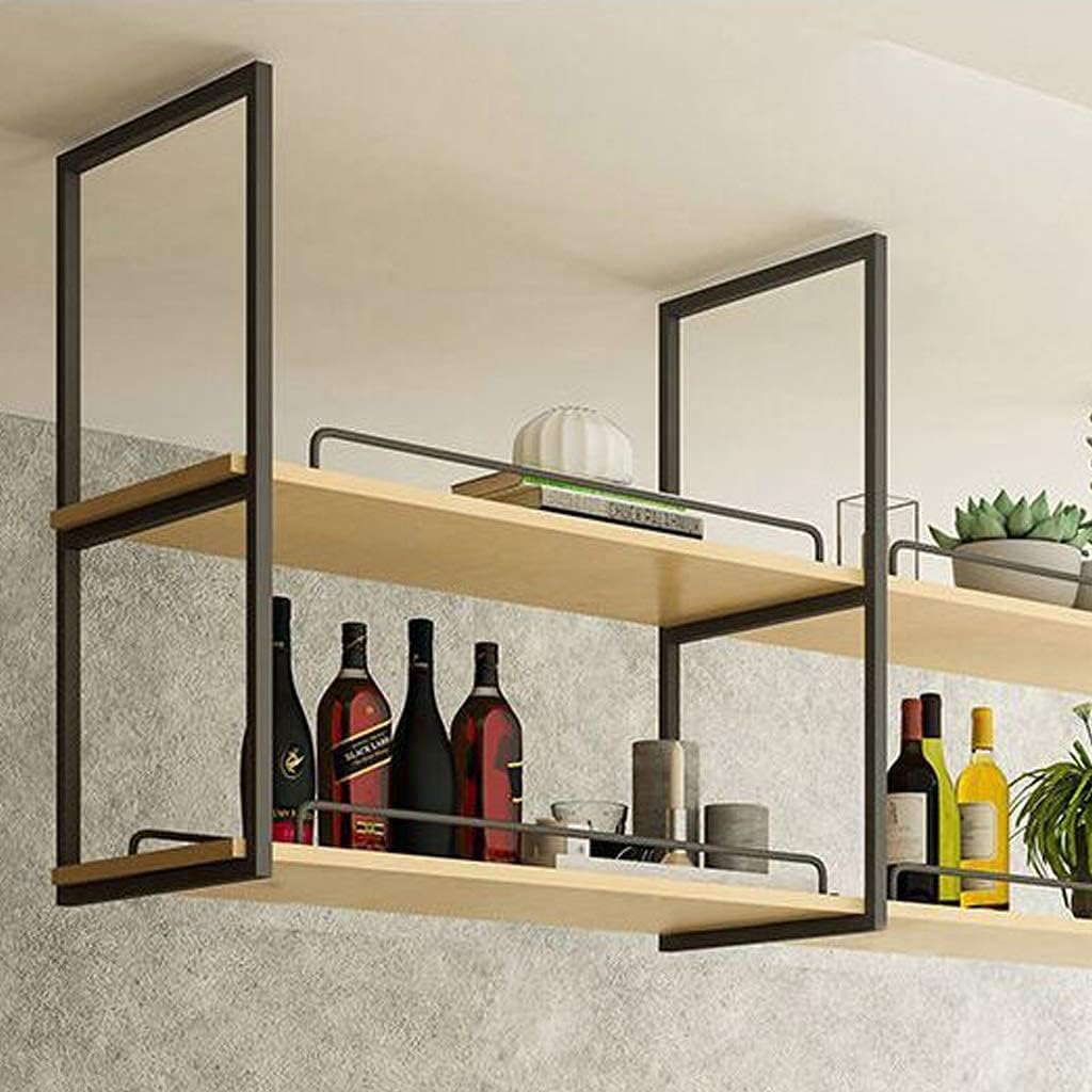 Hanging Solid Wood Shelf 2-Layer Black Wrought Iron Ceiling Frame Restaurant Bar Storage Rack Hanger 3 Sizes (100 * 30 * 80cm)