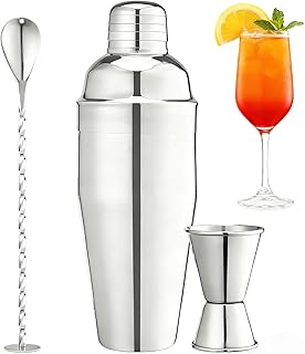 Shaker à Cocktail 750 ML, Set de Cocktail en Acier Inoxydable 3 pièces avec doseur 15/30 ML et Pilon à Cocktail, kit de Barman Premium pour la Maison, Le Bar, Les fêtes